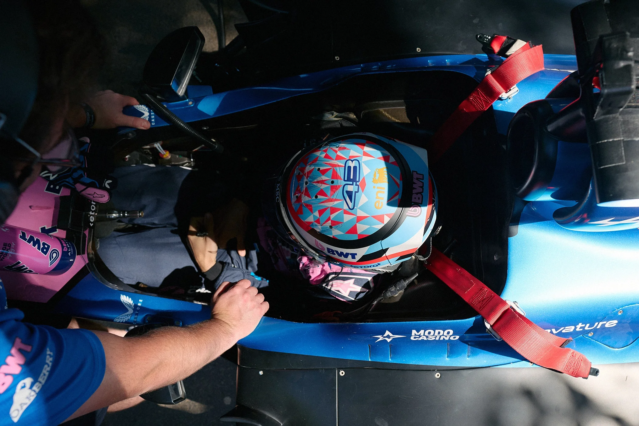 Franco Colapinto seated in the cockpit of the Alpine Formula 1 car, photographed from above at the 2026 Goodwood Festival of Speed.
