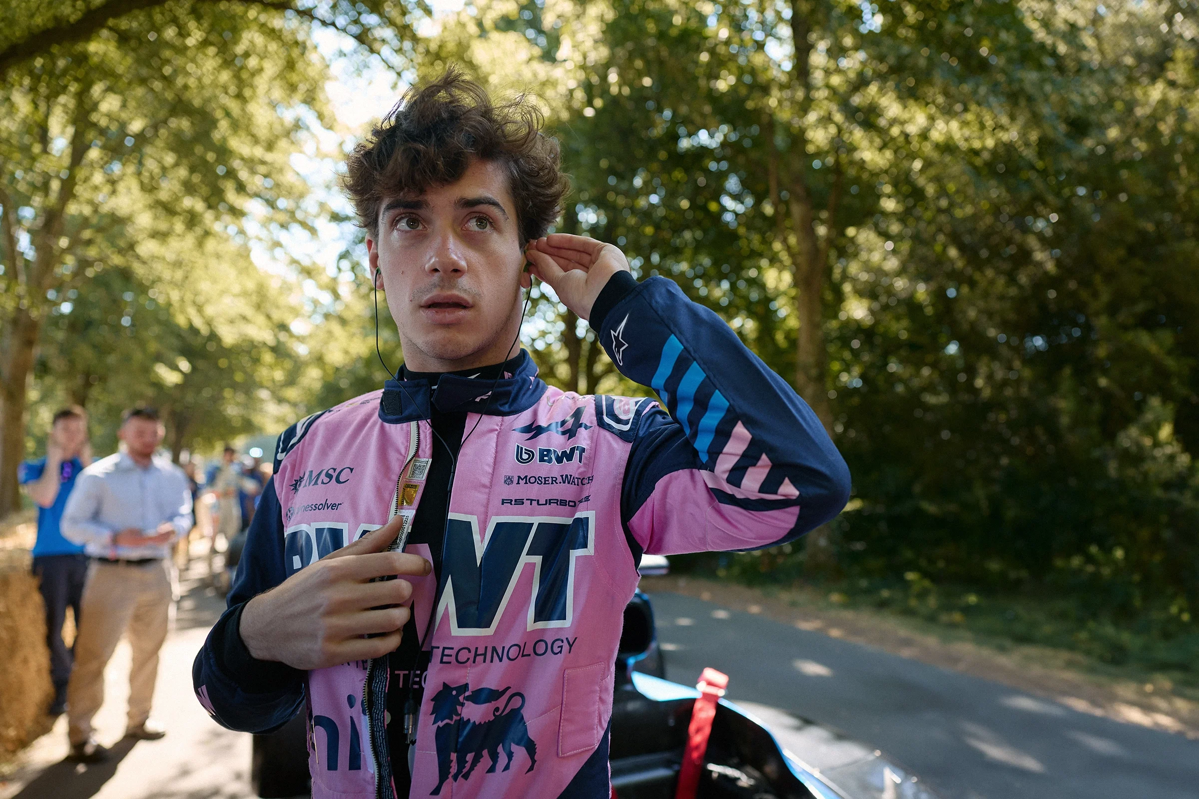 Franco Colapinto preparing his Alpine Formula 1 car before the hill climb at the 2026 Goodwood Festival of Speed