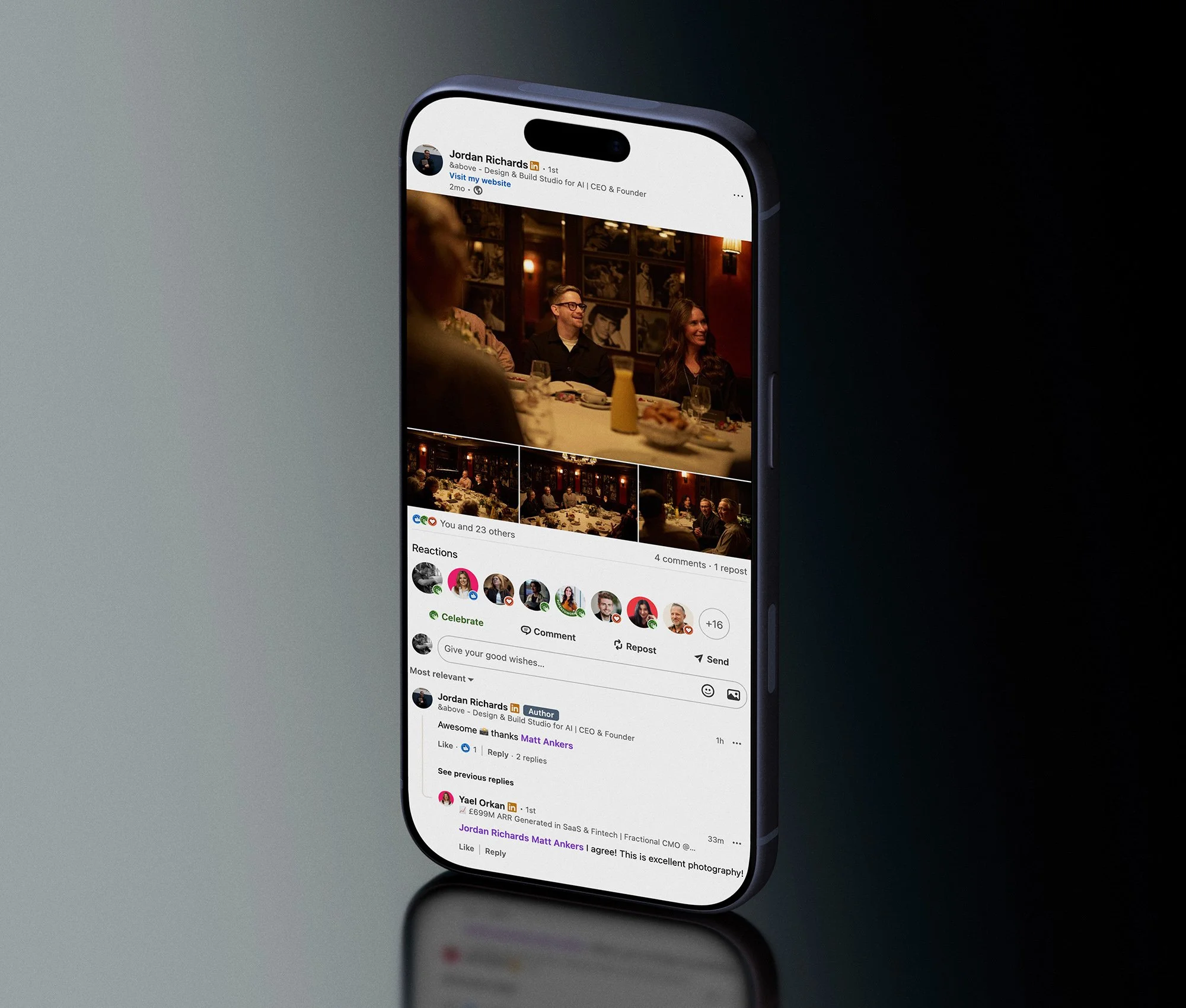 Jordan Richards, Founder of &above, sharing a LinkedIn update featuring photos from the AI roundtable event at The Ivy Market Grill.