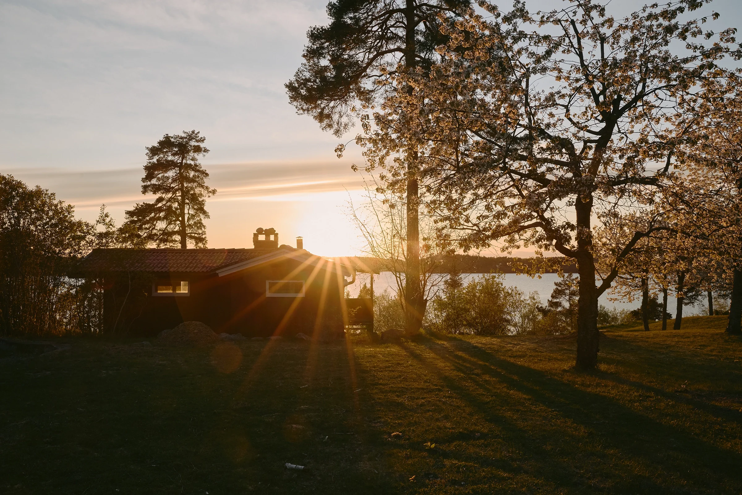 Stockholm sunset photography captured with Canon RF lens showing warm evening light over the water and coastal landscape in the Stockholm archipelago