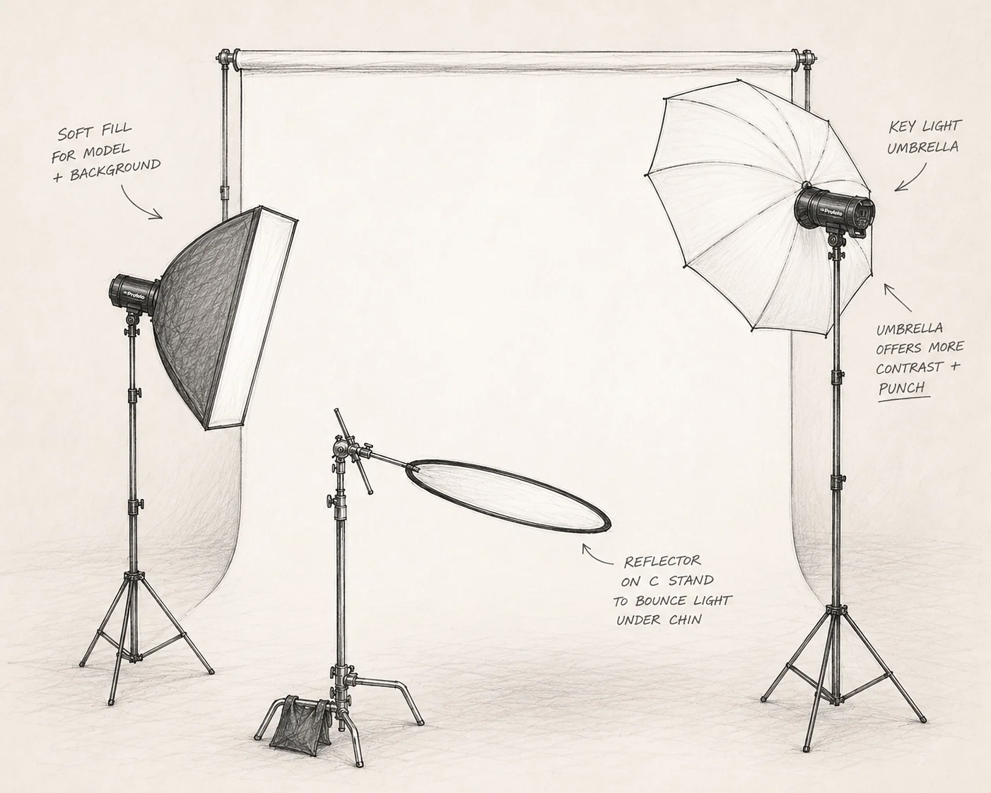 Sketch of the portrait lighting arrangement featuring a large white backdrop, Profoto umbrella key light, soft fill light and reflector positioned beneath the subject.