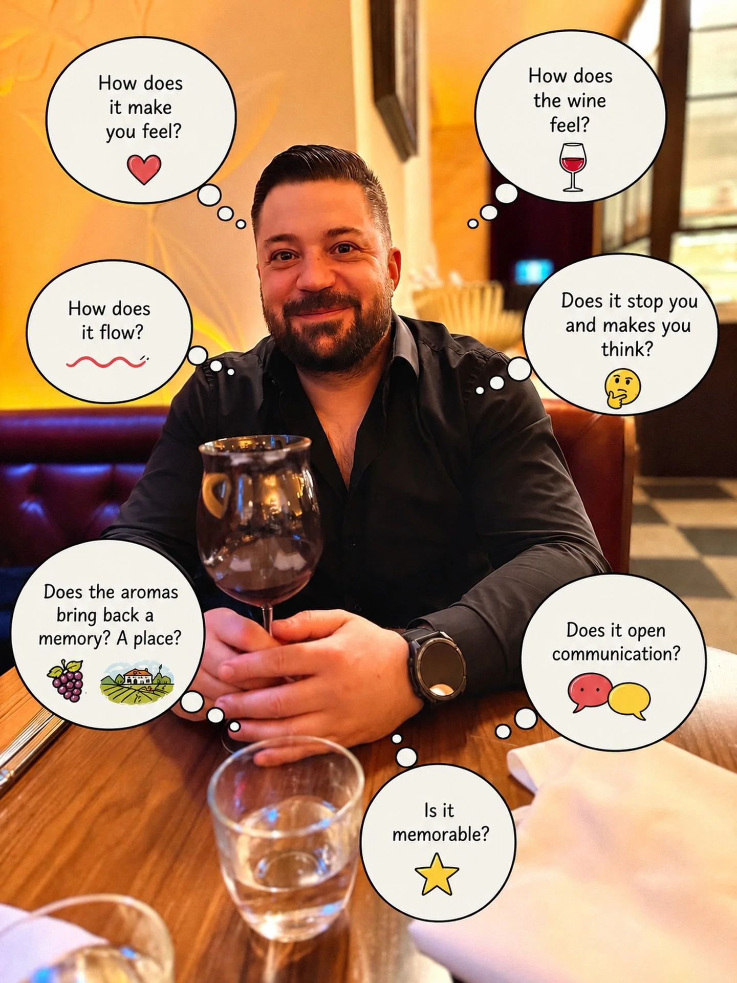 We&rsquo;re trained to always talk about wines with aromas/structure &hellip; while the every day questions should be : 
- how does it make you feel ?
- how does the wine feel ? Would you enjoy a 2nd glass ?
- does it stop you from whatever you&rsquo