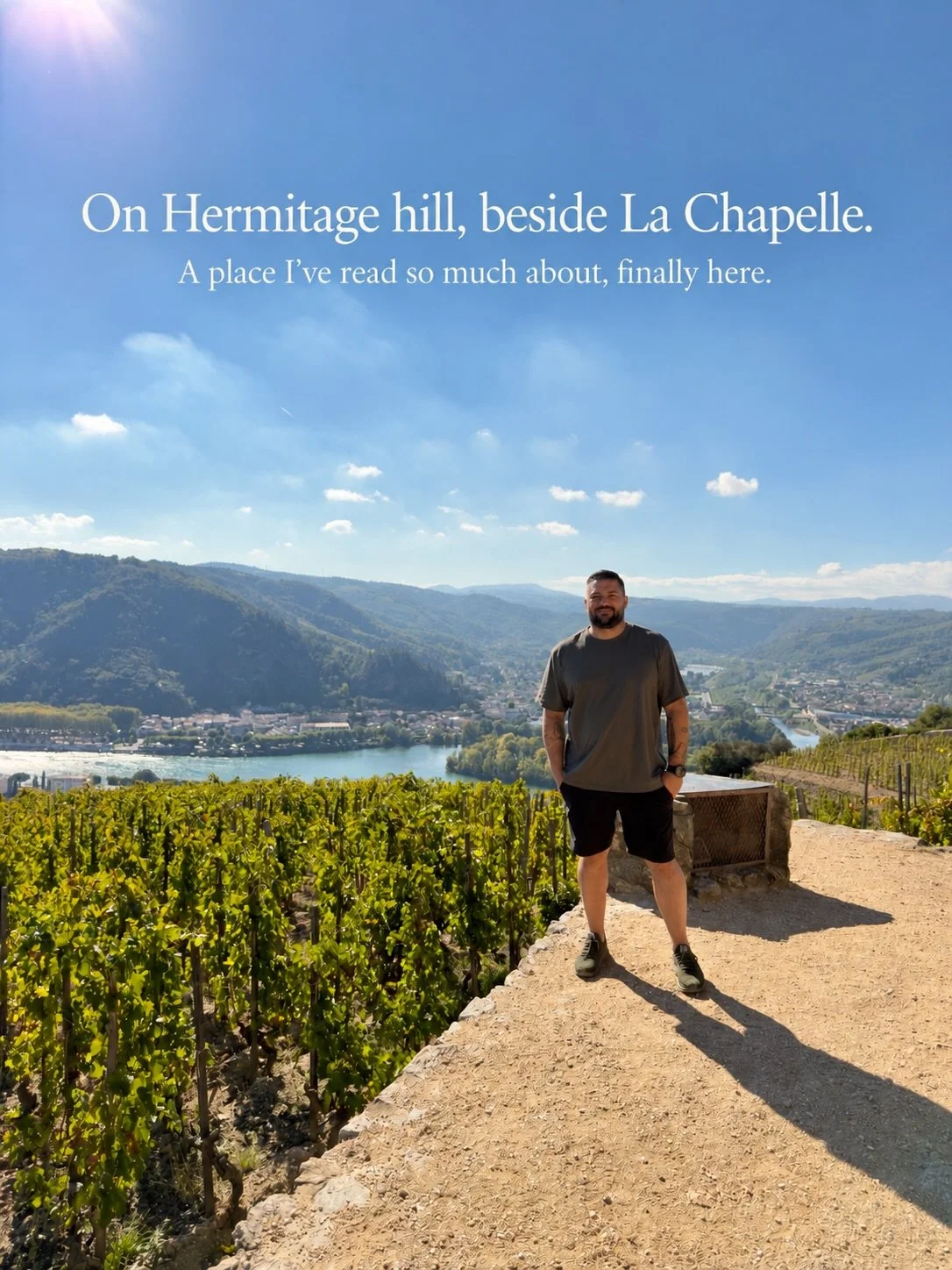 Finally walking the hill of Hermitage, after reading so much about it. La Chapelle, the steep vines, and the Rh&ocirc;ne below. My kind of pilgrimage. 🍷🥂 🇫🇷 

#winelover #rhonevalley #hermitage #winegeek #winetourism