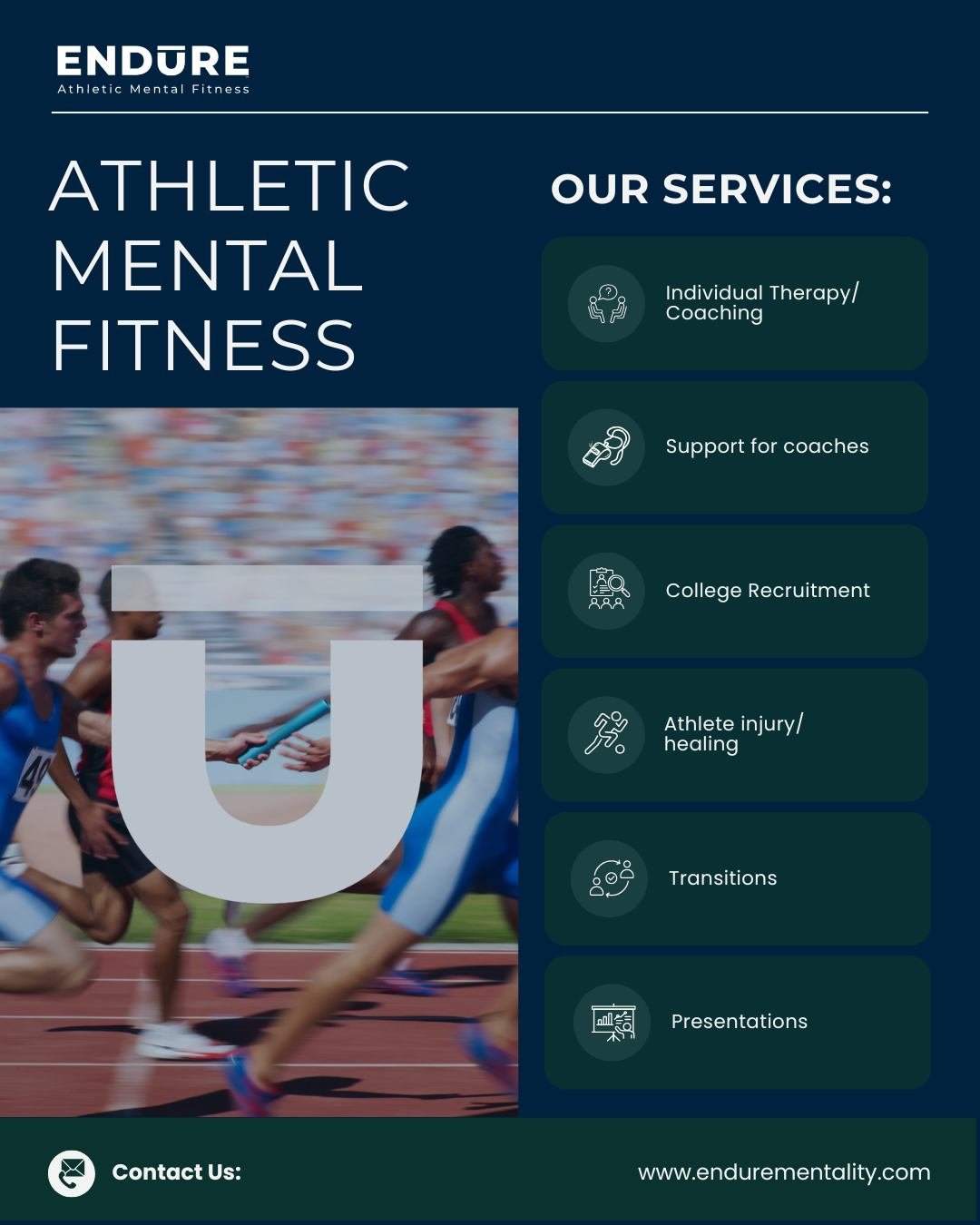 Endūre provides resources and support to create and sustain healthy, resilient, &amp; competitive athletic environments. Want to book a consult? Visit our website and fill out the contact form or give us a call! We're ready to help. ✉️

#enduremental