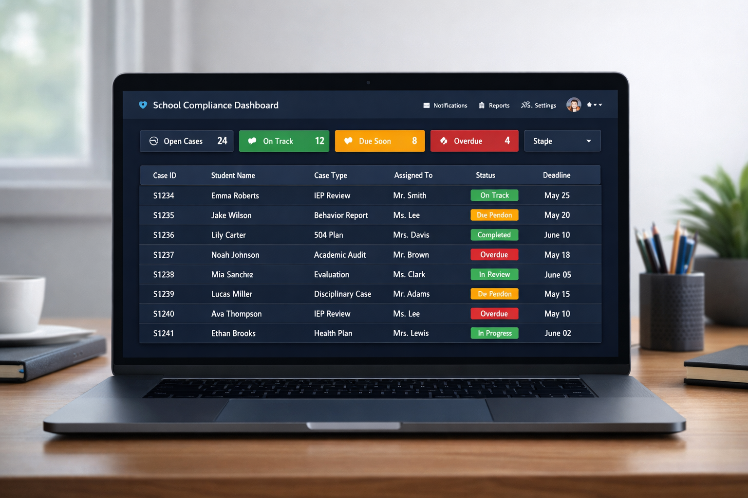 Educator's desk with compliance dashboard.png