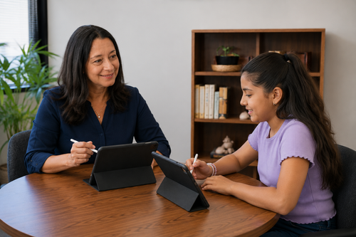 A diagnostician working one-on-one with a child using tablets