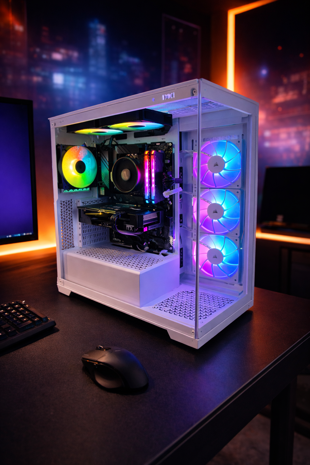 Inside a custom gaming computer with RGB-lit cooling fans and components, placed on a black desk with a keyboard and mouse, in a room with neon lights.