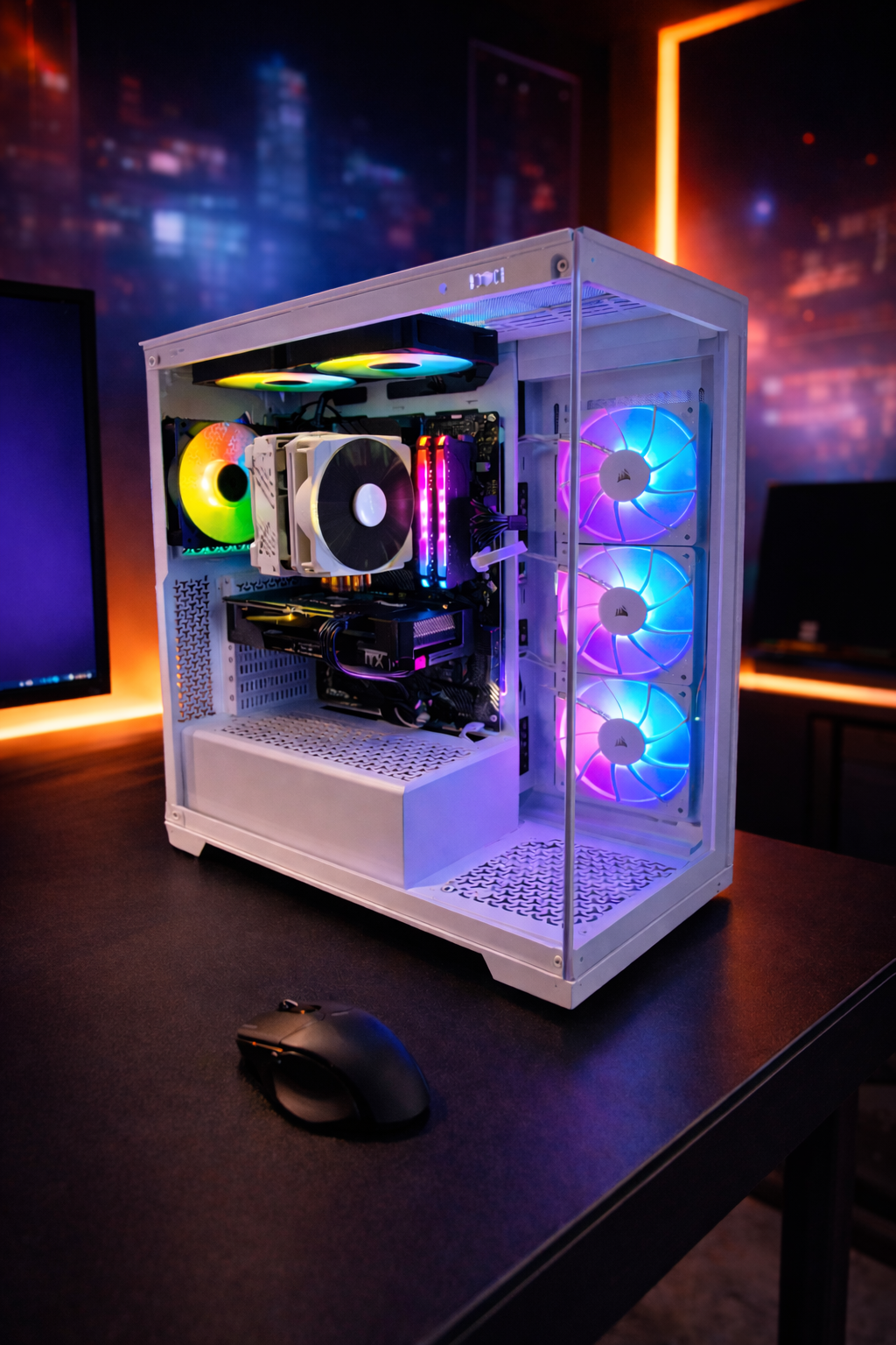 A white computer case with illuminated RGB fans and components, placed on a black desk in a dimly lit room with colorful lighting.