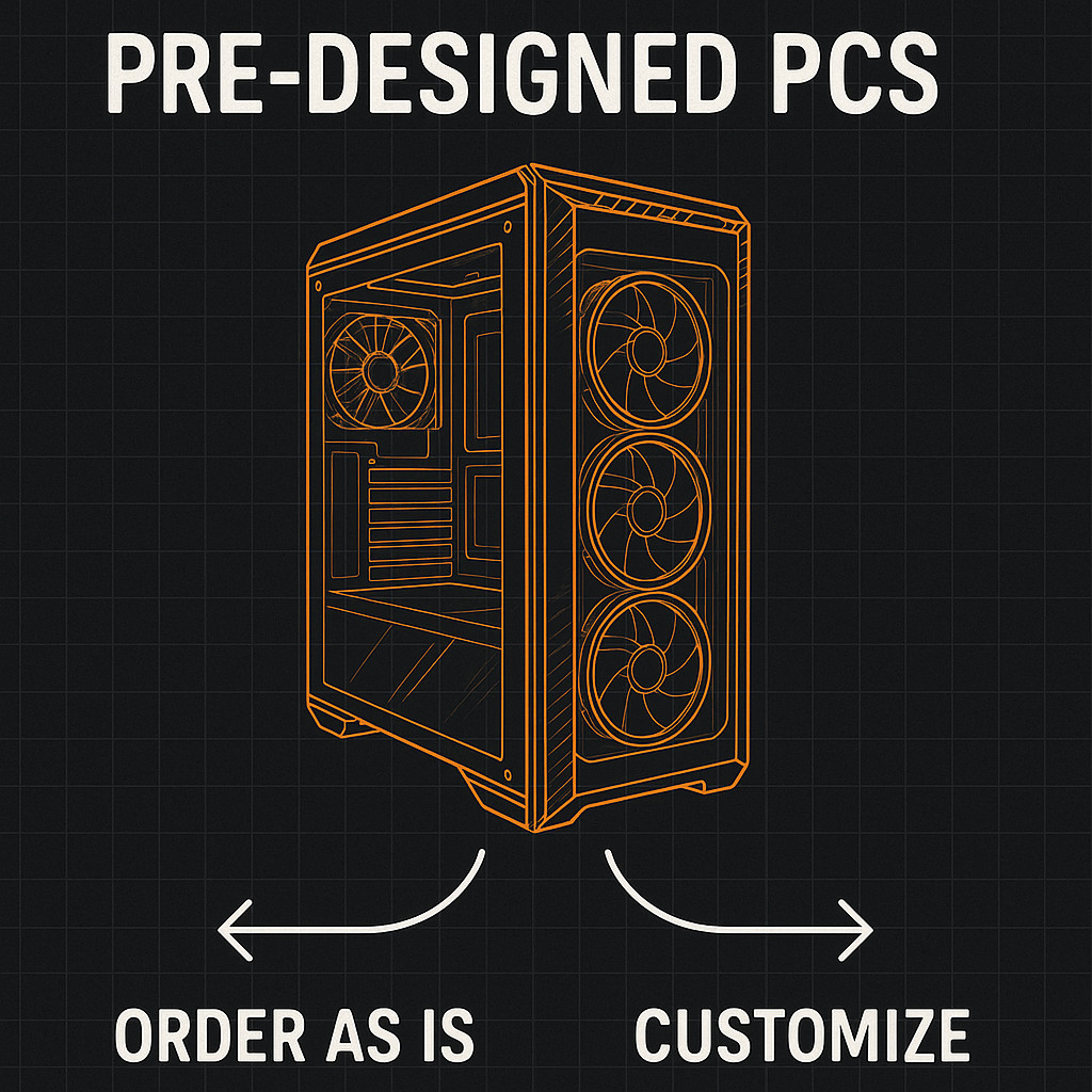 A technical drawing of a gaming PC case with three fans on the front, labeled "Pre-Designed PCs." The image suggests options to "Order As Is" or "Customize".
