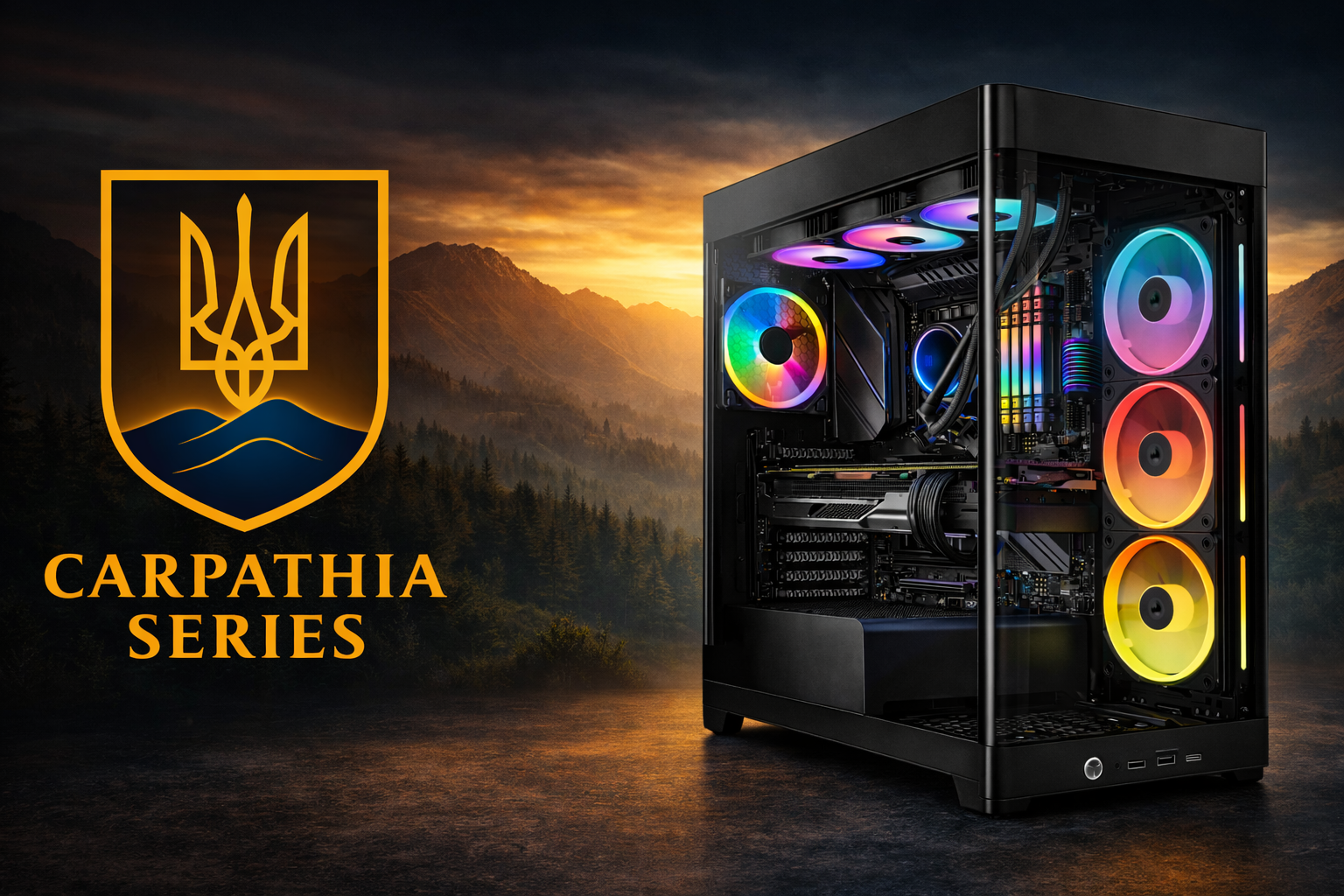 A gaming or high-performance computer with colorful RGB fans and cooling system, set against a mountain and sunset background, with the logo and text reading 'Carpathia Series' on the left side.