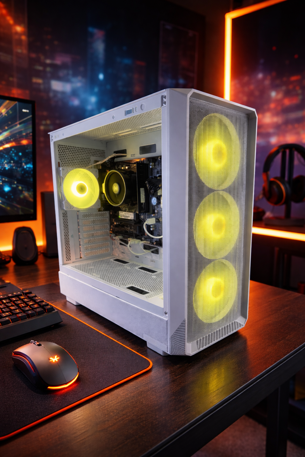 A gaming computer with a white case and yellow LED-lit fans in a gaming setup. The case features a mesh front panel, and the interior components are visible through a transparent side panel. The setup includes a keyboard, mouse, and a monitor display