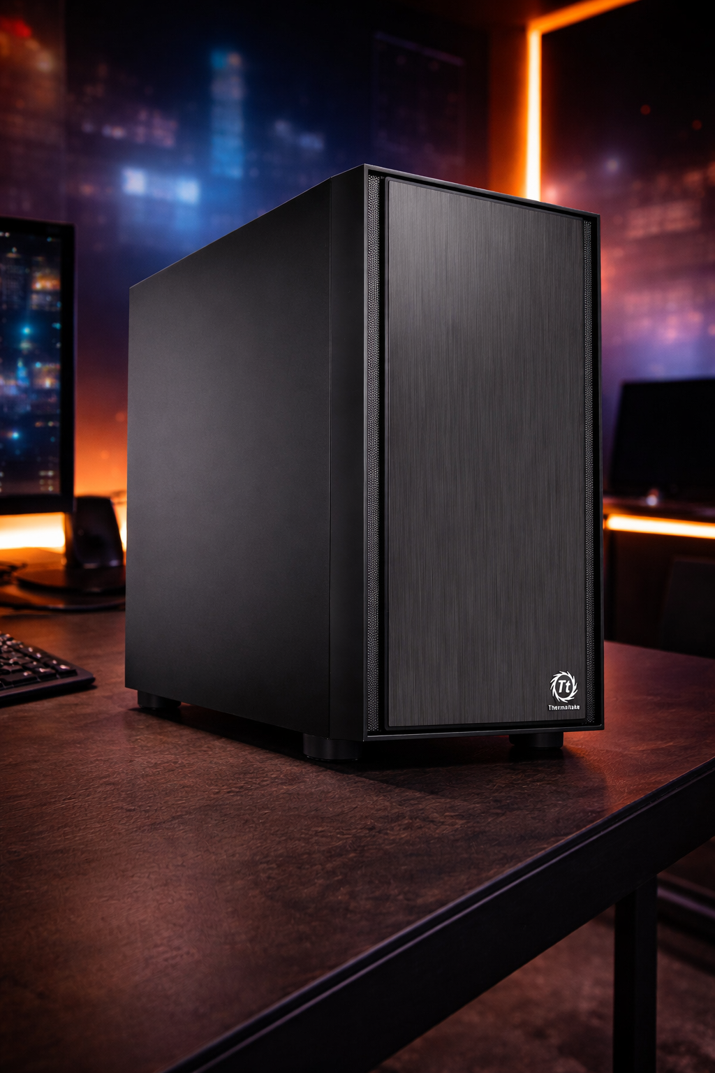 Black computer tower on a desk with a cityscape background