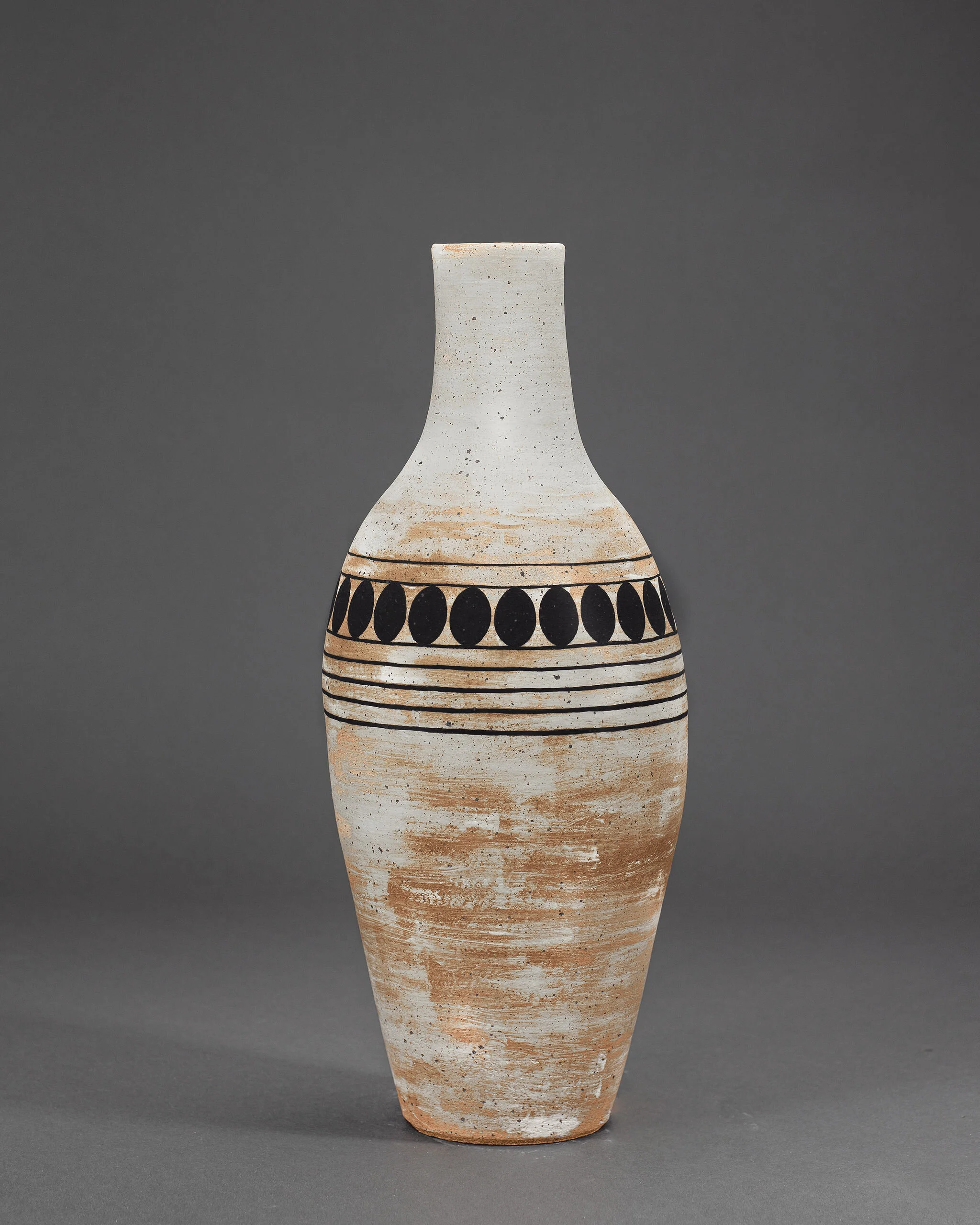 White ceramic vase featuring horizontal black geometric band decoration