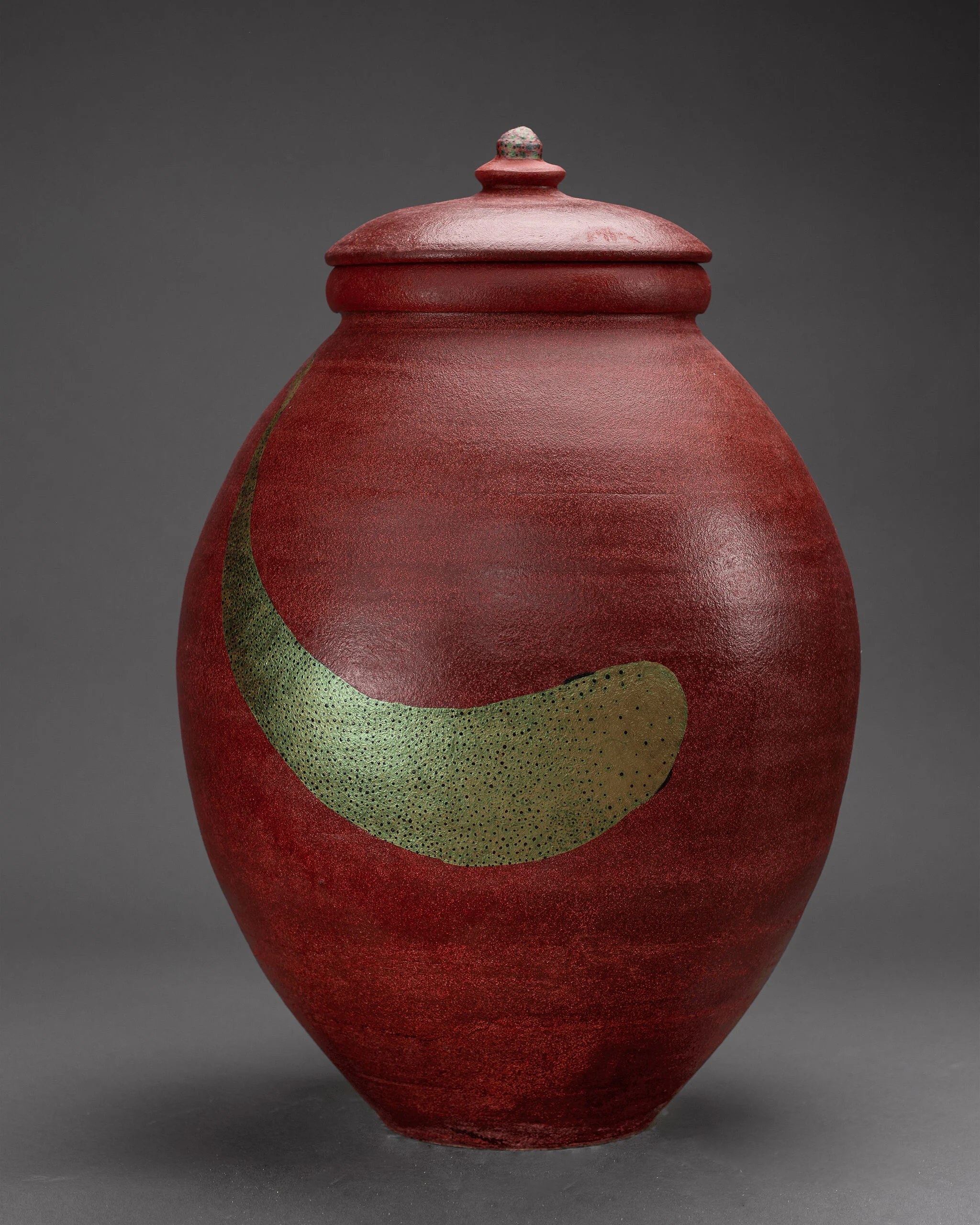 Handcrafted pottery jar featuring abstract painted motifs