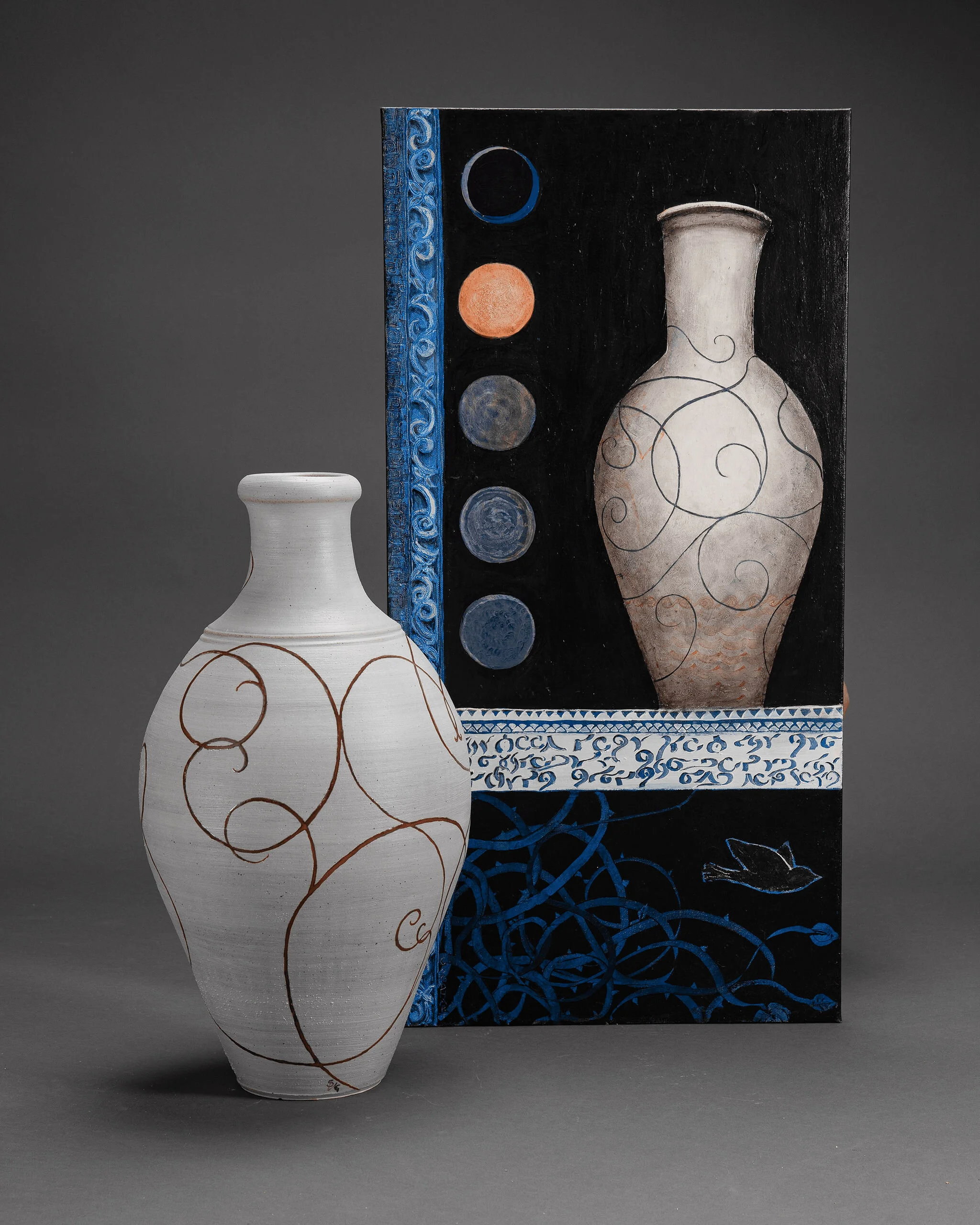 Ceramic sculpture combining vessel form with painted fragments