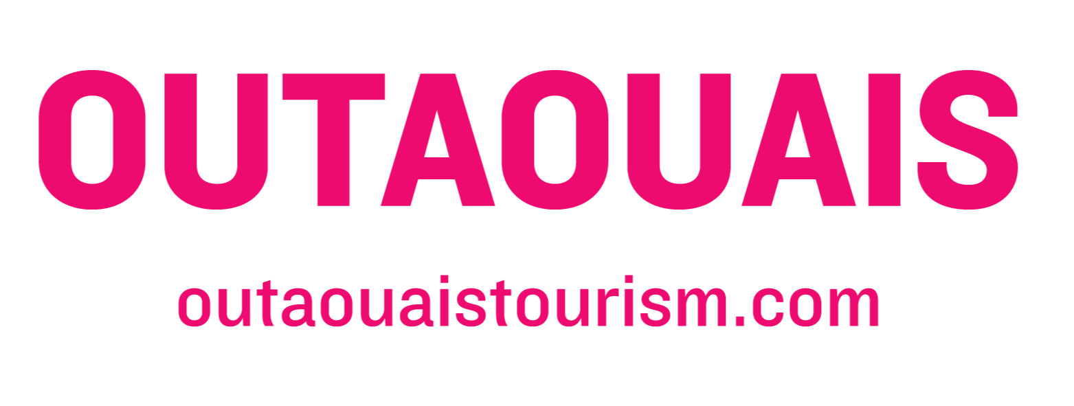 Bold pink text on black background that reads "OUTAOUAIS" with smaller pink text below that says "outaouaistourism.com"