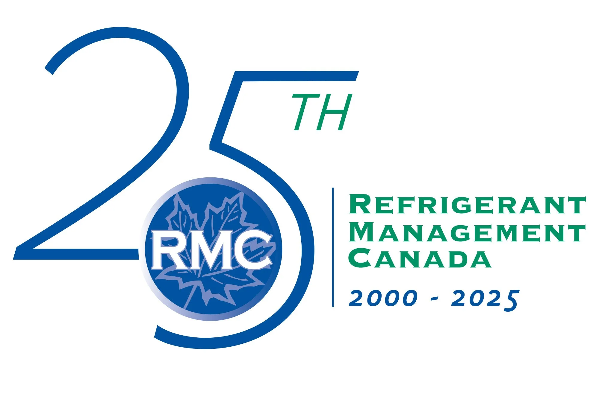 Logo commemorating 25 years of the Refrigerant Management Canada program from 2000 to 2025, featuring the number 25 with a design of a maple leaf and the text 'Refrigerant Management Canada'.