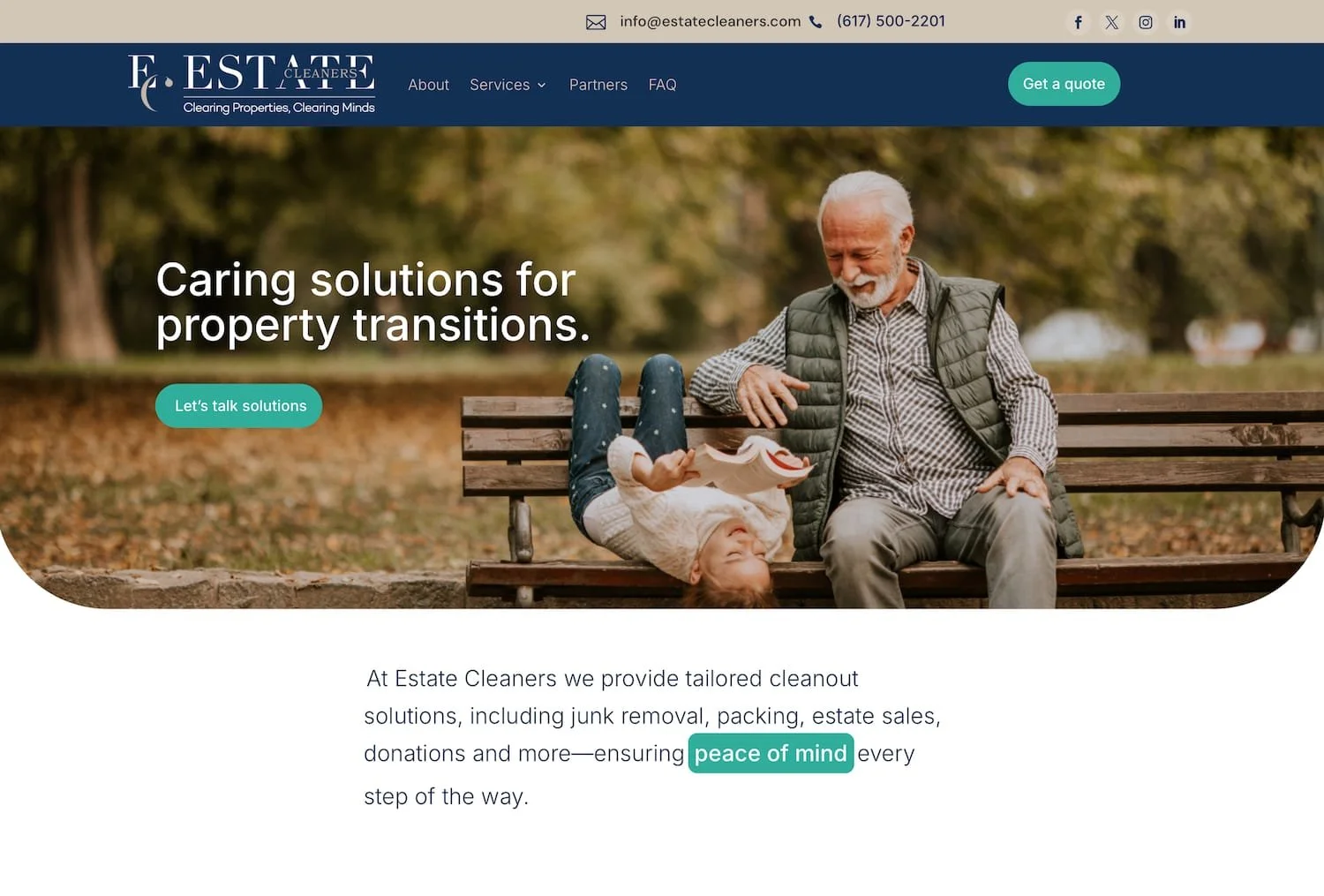A webpage for Estate Cleaners showing a man and a young girl sitting on a park bench. The girl is lying upside down with her legs on the man's lap, holding a book, while the man is smiling and looking at her. The background features autumn trees. Overlay text says, 'Caring solutions for property transitions.' There is a green button labeled 'Let's talk solutions' and a header with contact info and social media icons.
