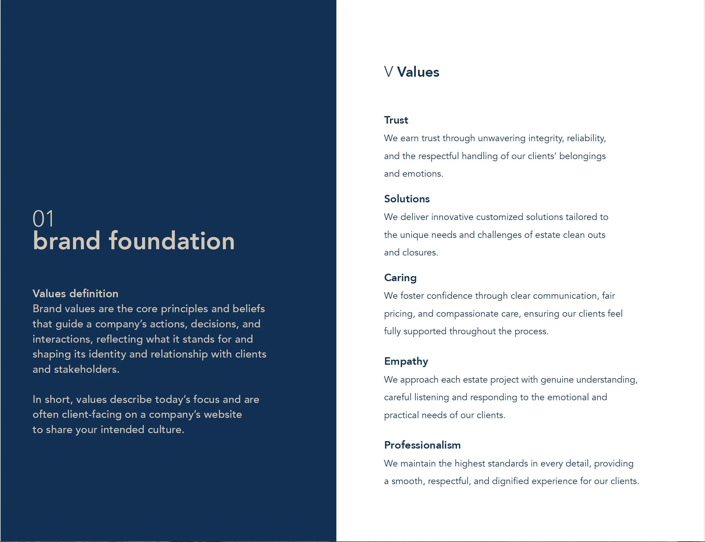 A two-page layout with a dark blue left side and a white right side. The left side features the heading 'brand foundation' in large font and a paragraph defining values. The right side has the heading 'Values' with sections on Trust, Solutions, Caring, Empathy, and Professionalism, each with descriptions.