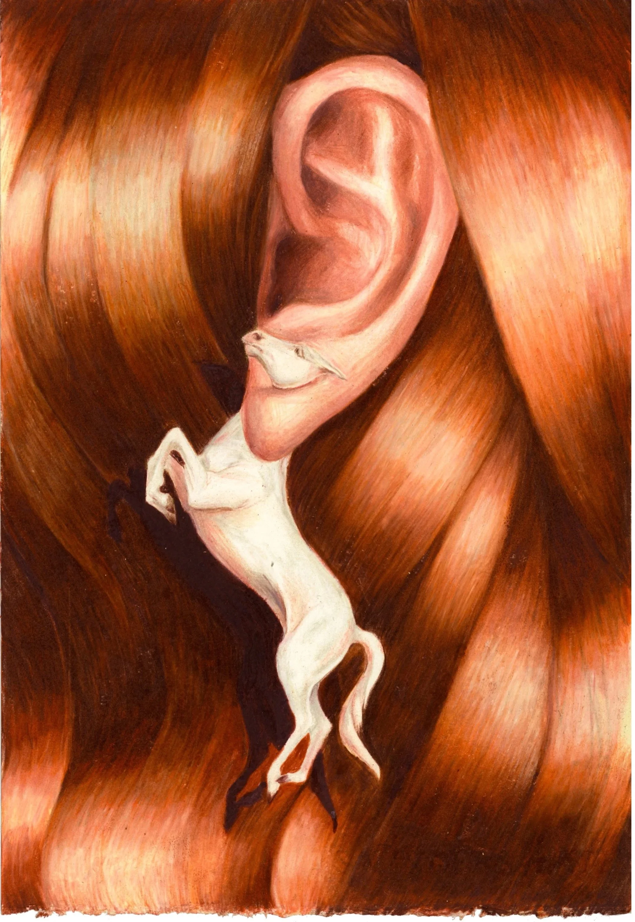 Abstract painting of a human ear with smoke rising from a cigarette, with warm brown and beige tones.