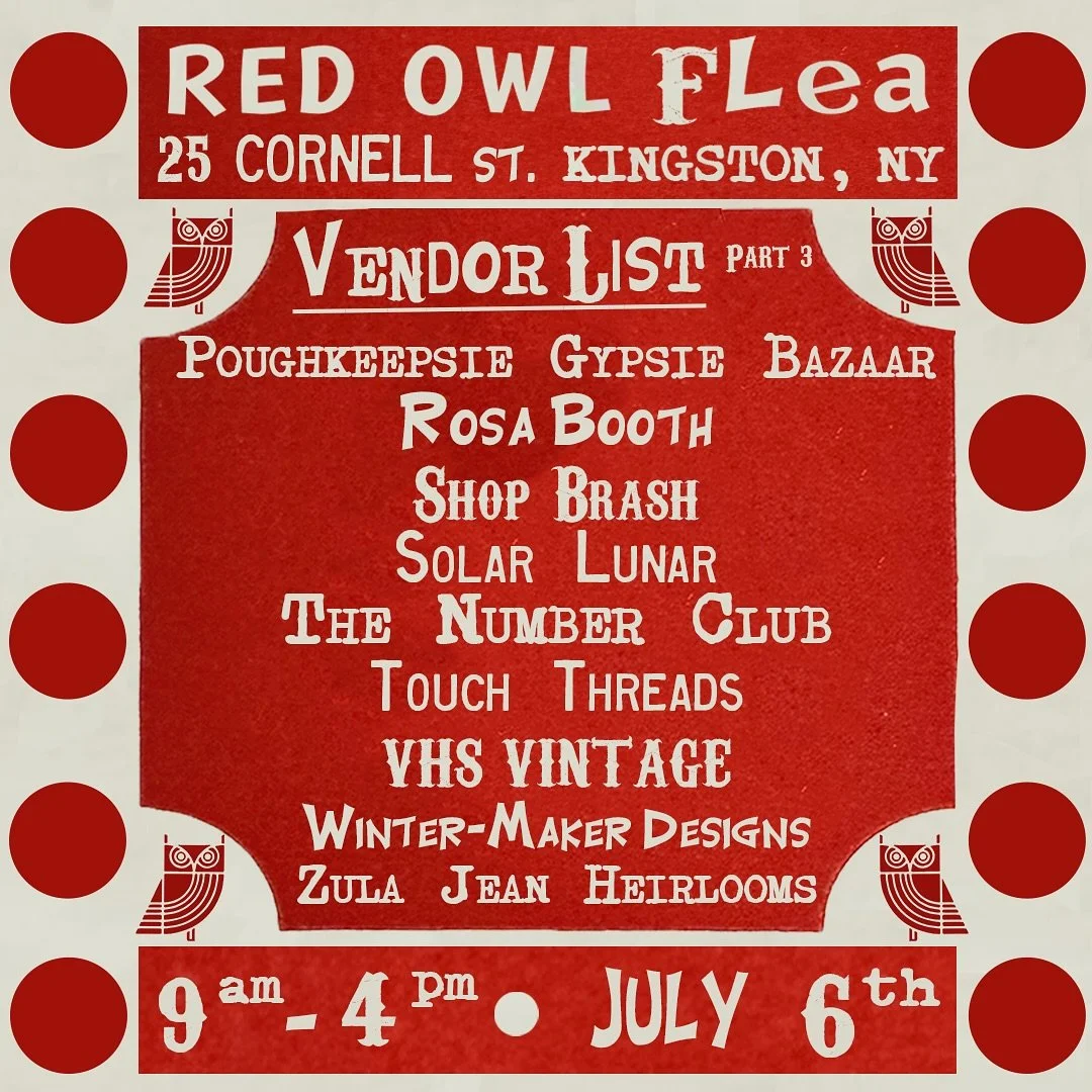 This SUNDAY!!!! We cannot wait to be back July 6th with all of these amazing vendors!
🔴🦉🎪
On Sunday, July 6th from 9am-4pm in the @Red_Owl_Collective side parking lot at 25 Cornell St. in Kingston, NY and hope to see you there! Whether you need an