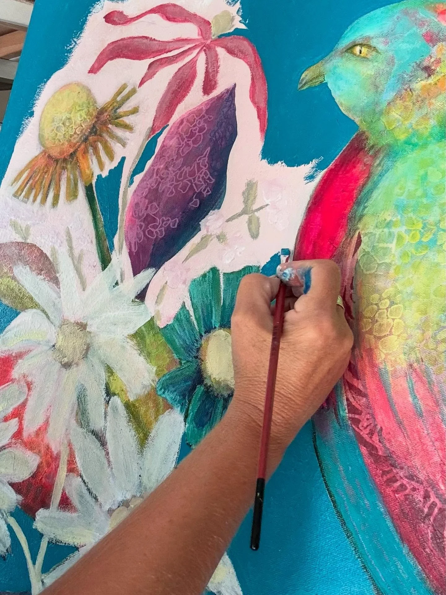 One more time on the background color. Pink will now be a dark turquoise!! This painting has given me the run around and I&rsquo;ve been yo@for the challenge.