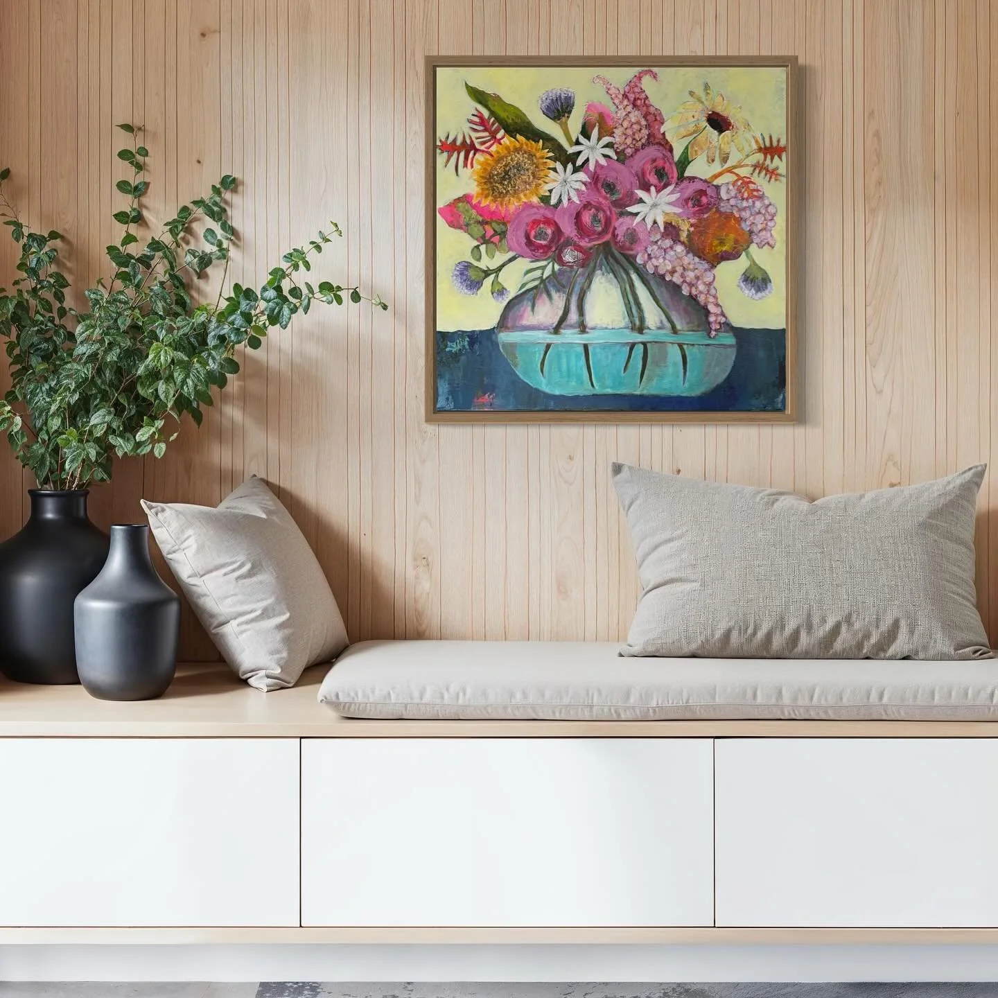 I named this 24x24 painting &ldquo;Gifts of summer&rdquo;. It reminds me of the flower bounty we receive in mid July, early August here in Maine. The only thing I knew when I started was I wanted a large glass jug like the ones I&rsquo;d see at Pier 