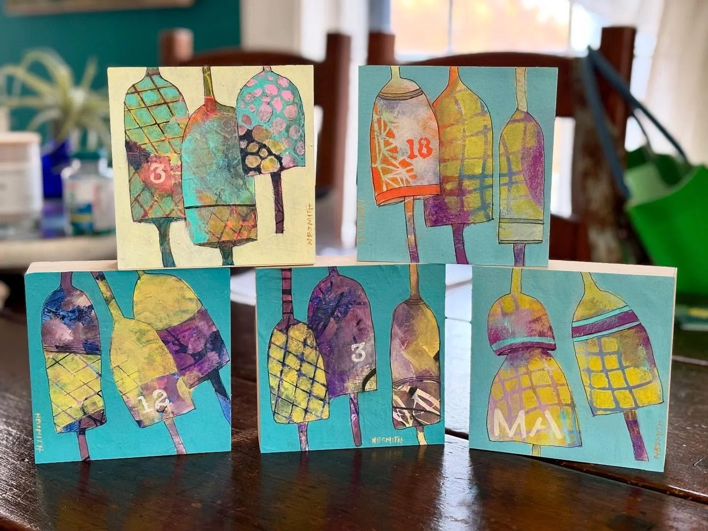 Just finished these 5&rdquo;x5&rdquo; cradle-board paintings for entry into the Teeny Tiny Holiday show.