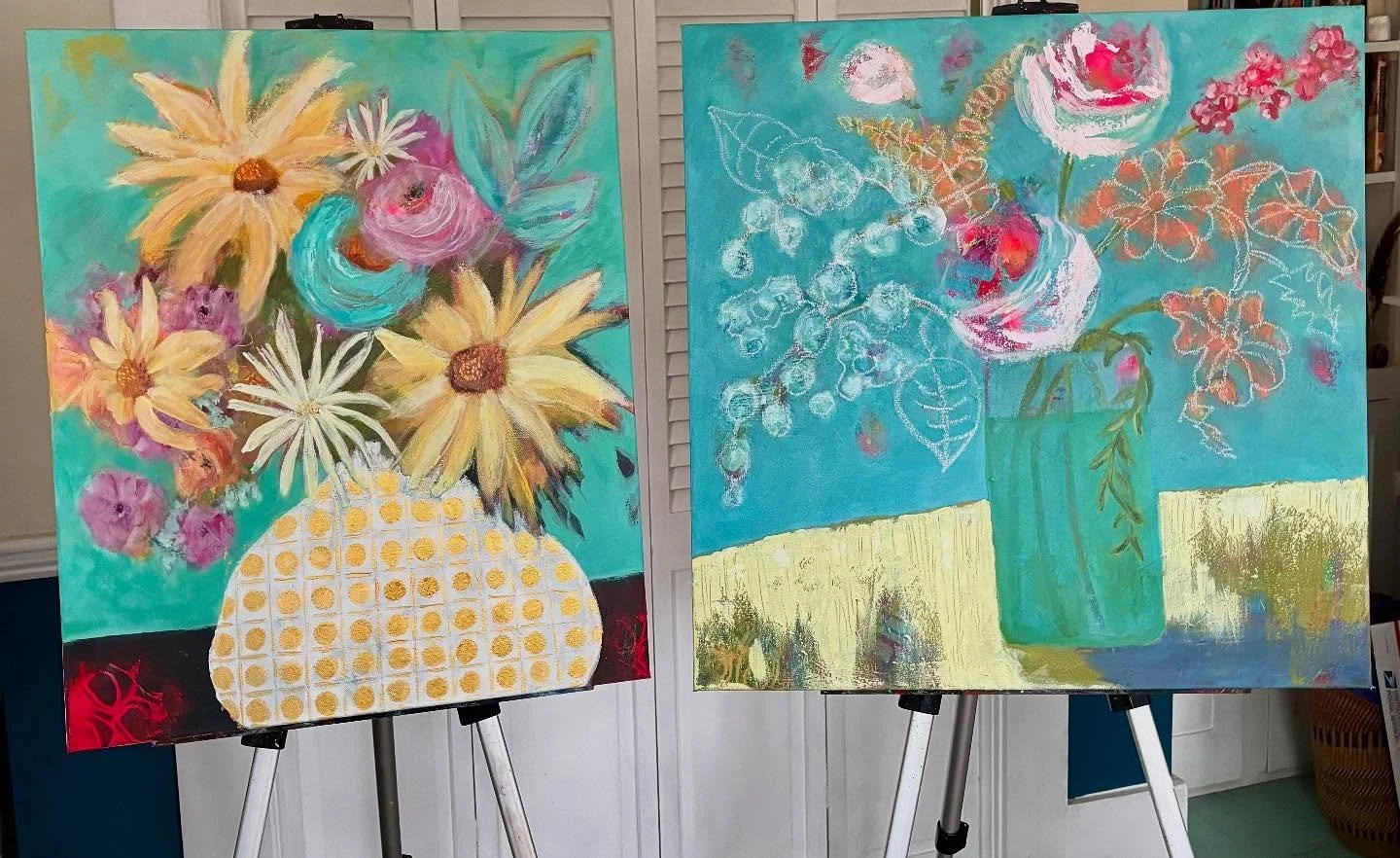 Two paintings in process on the easels!! I&rsquo;ve been working on these two for weeks, making small adjustments daily. Painting is really an art in problem solving!!