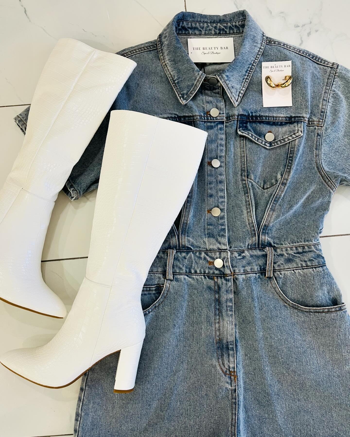 Shop this look! 🛍️🪩🦋💕

&bull;&bull;Blue Jean Romper | $62

&bull;&bull;See Ya Later Alligator Boots | orig $98&nbsp;&nbsp;NOW $68.60 

&bull;&bull;Chunky Gold Hoops | $16

🛍️ SHOP | in store or online! 
Link can be found in our bio! 
Be sure to 