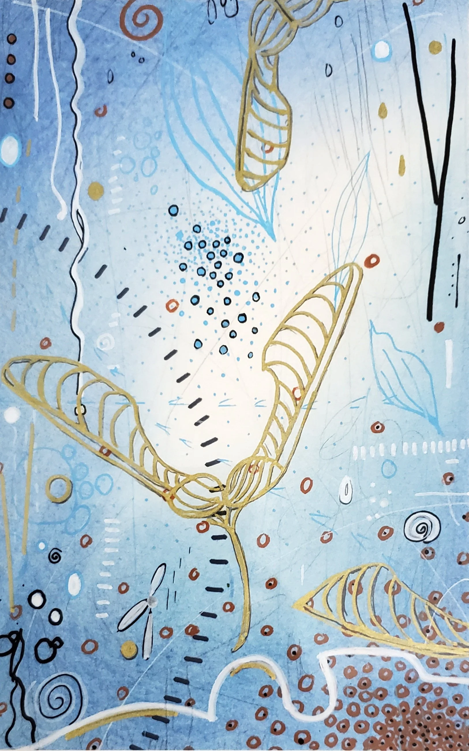Abstract artwork featuring DNA helix structures, various patterns, and colorful dots on a blue background.