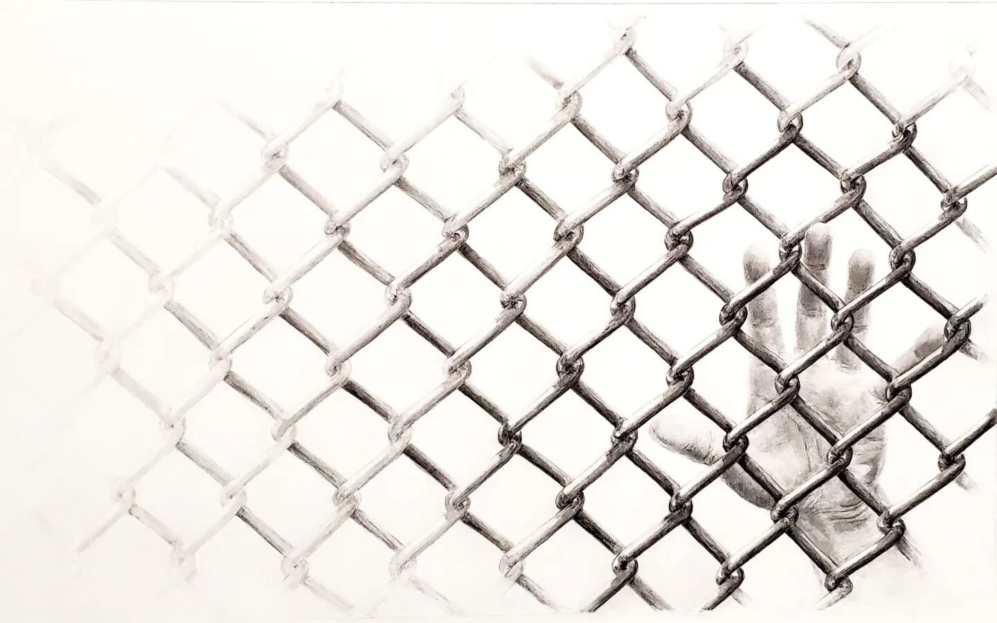 18x30 graphite on paper, from an entirely new body of work on the subject boundaries, borderlands, and borders. The metal fencing distorted to be thicker and denser and impenetrable, the hand softer and tactile. Thank you to Vermont Studio Center for