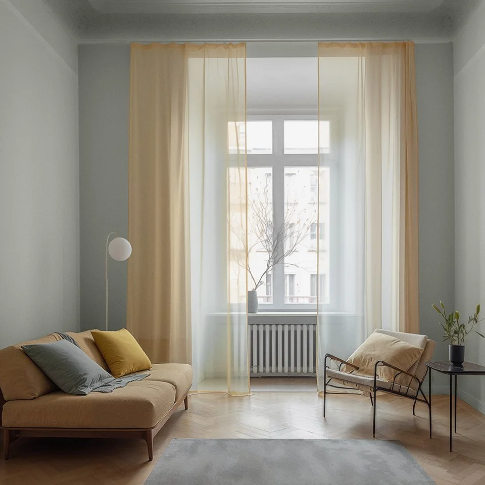 Flügger AI generated scene by Scenes. Minimalist living room with beige sofa, yellow and blue cushions, sheer curtains, modern chair, round floor lamp, and potted plant.