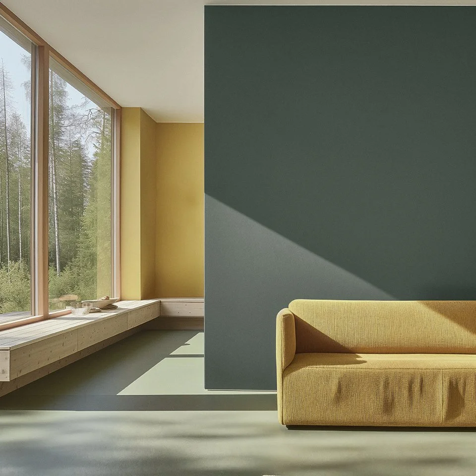 Flügger AI generated scene by Scenes. Minimalist interior with a yellow sofa, large windows overlooking trees, a green accent wall, and wooden bench seating with decorative items.