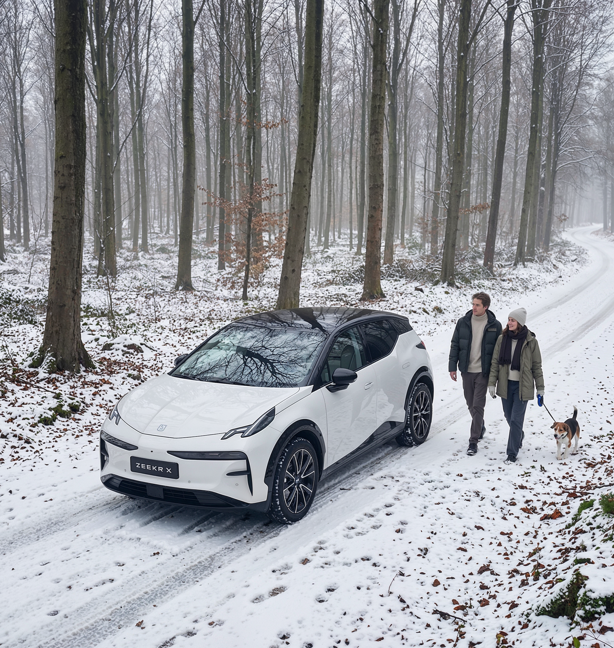 photo of a zeekr x car in a AI generated scene