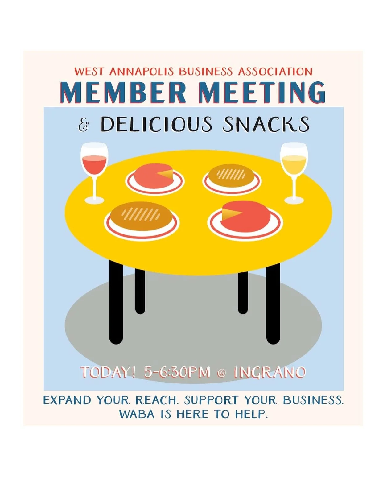 Delicious snacks and an ever-expanding business support system awaits you TODAY! Tuesday, October 21st at InGrano Restaurant from 5:00 to 6:30ish PM. 
If you are a current WABA member or considering joining the business association, please join us f
