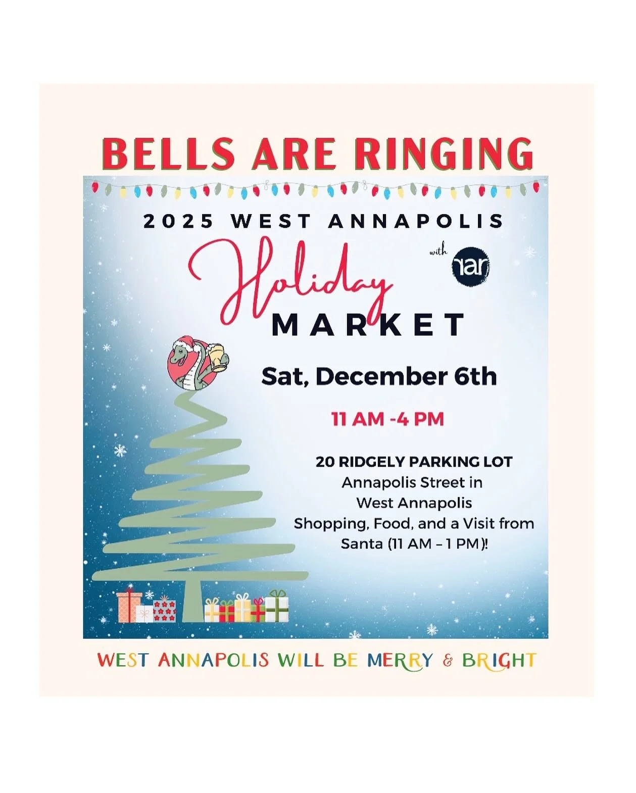 2025 West Annapolis Holiday Market 🎄
Saturday, December 6th | 11 AM &ndash; 4 PM

📍 Ridgely Parking Lot, Annapolis Street, West Annapolis

Kick off the holiday season in West Annapolis! Enjoy a festive day filled with artisan vendors, delicious foo