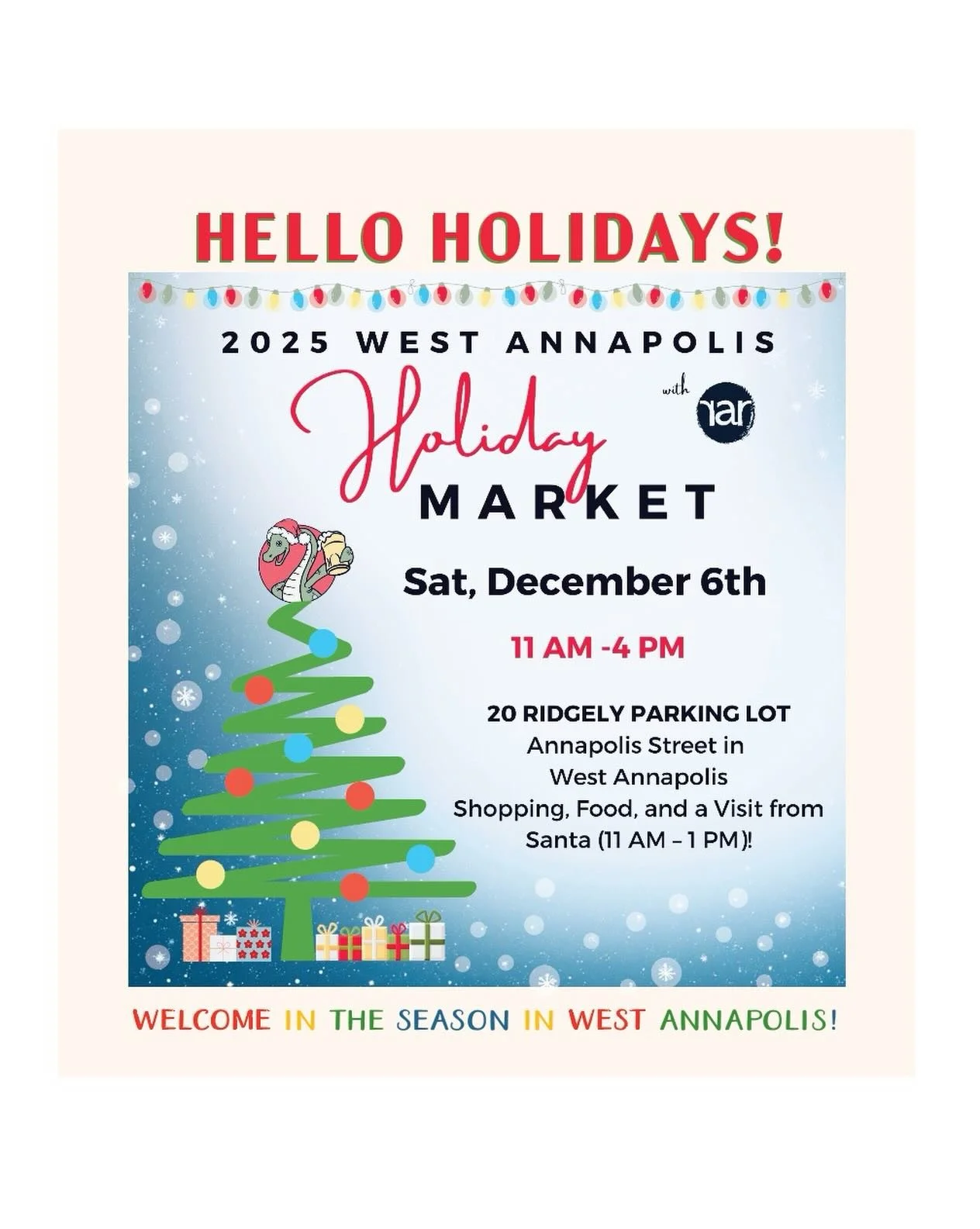 Begin your season shopping here...
The 2025 West Annapolis Holiday Market 🎄
Saturday, December 6th | 11 AM &ndash; 4 PM
📍 Ridgely Parking Lot, Annapolis Street, West Annapolis
Welcome the holiday season in West Annapolis!
Join friends and neighbors