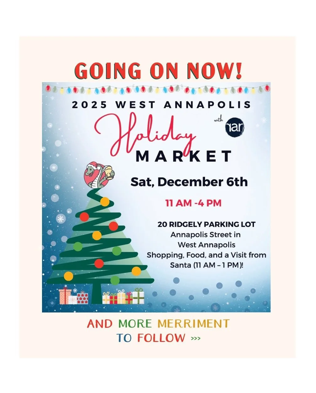 The West Annapolis Holiday Market is officially underway!

Make a day of it right here in West Annapolis!
🎄 West Annapolis Holiday Market
📍 20 Ridgely Ave. Parking Lot
🕚 11am&ndash;4pm
Enjoy artisan + food vendors, seasonal drinks, cozy fire pits,