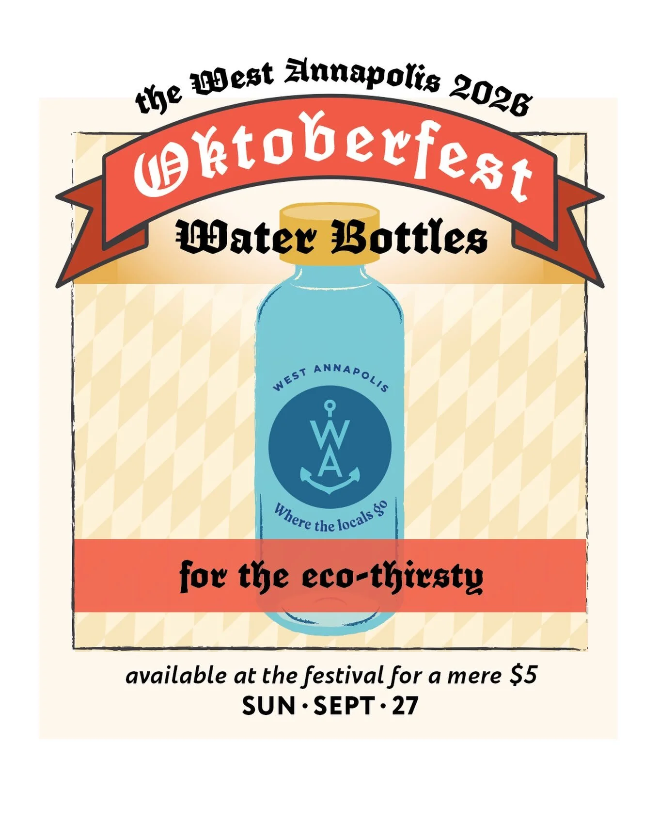 Stay hydrated and take a little West Annapolis home with you. 

Our official West Annapolis water bottles will be available at the festival for a mere $5 &mdash; while supplies last.

Sip, stroll, and Prost! 🍻

📅 Sunday, September 27 | 11 AM&ndash;