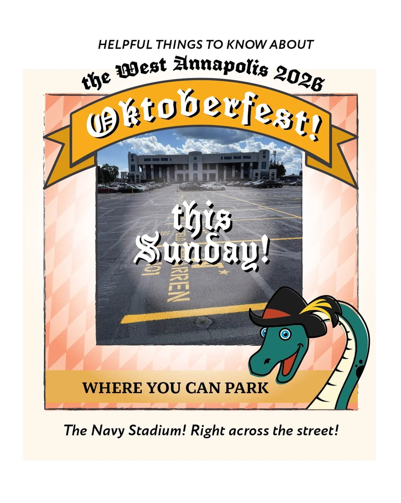 Super Easy Oktoberfest Parking!

Heading to West Annapolis Oktoberfest? Park stress-free at the Navy Stadium! Just enter at Gate 7 from Taylor Avenue&mdash; conveniently located right across Rowe Blvd. from the festival.

📍 West Annapolis
🗓 Sunday,