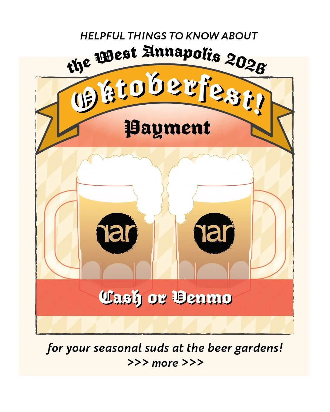 KNOW BEFORE YOU GO! 🍻

Swipe through for everything you need to know for tomorrow&rsquo;s epic Oktoberfest in beautiful West Annapolis!

📅 Sunday, September 27
⏰ 11 AM&ndash;4 PM
📍 Annapolis Road &amp; Giddings Avenue

Vendors, food, music, happy 