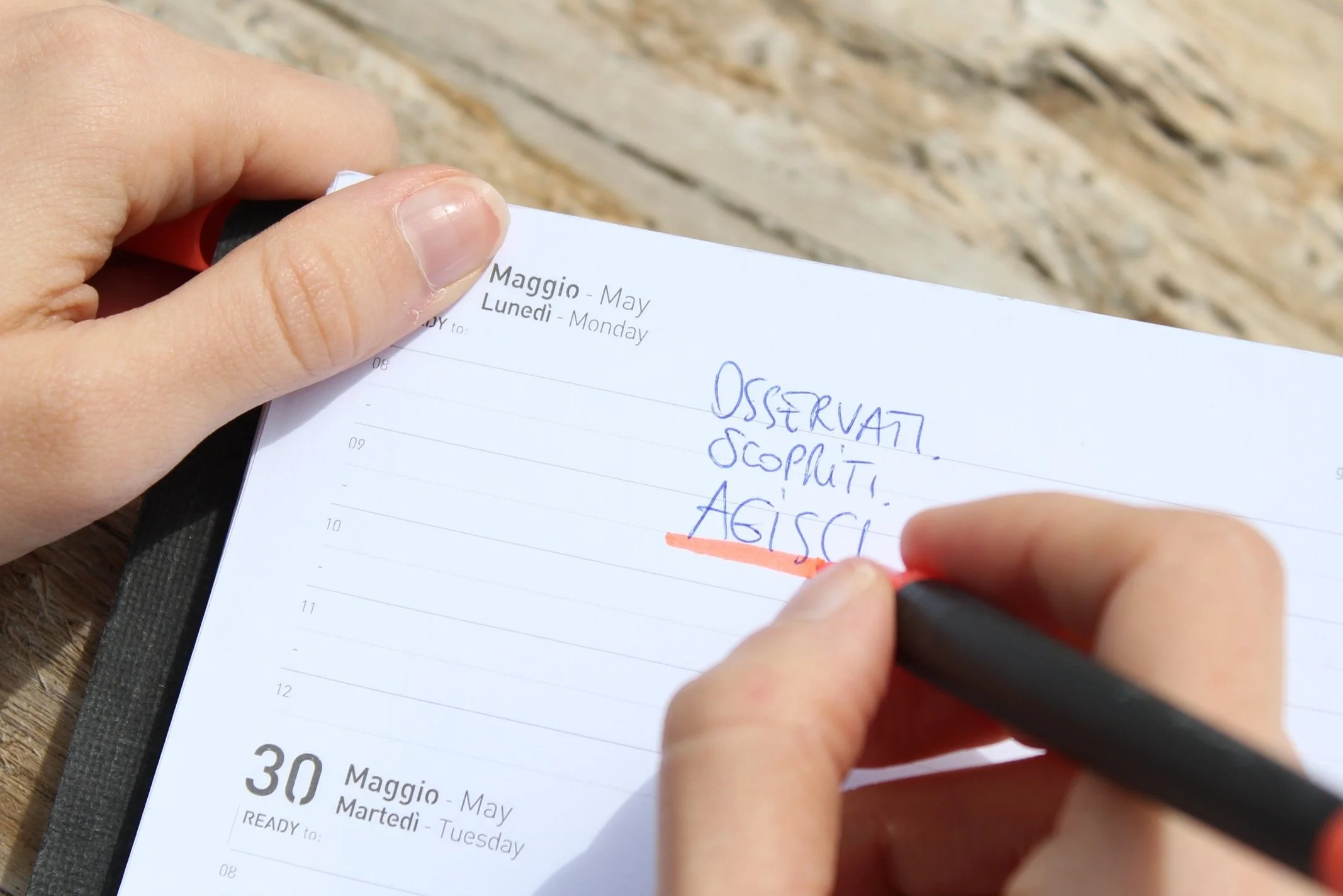 Mani tengono un'agenda aperta sulla data del 29-30 maggio, con una scritta "OSSERVA. SCOPRI. AGISCI" evidenziata in arancione.