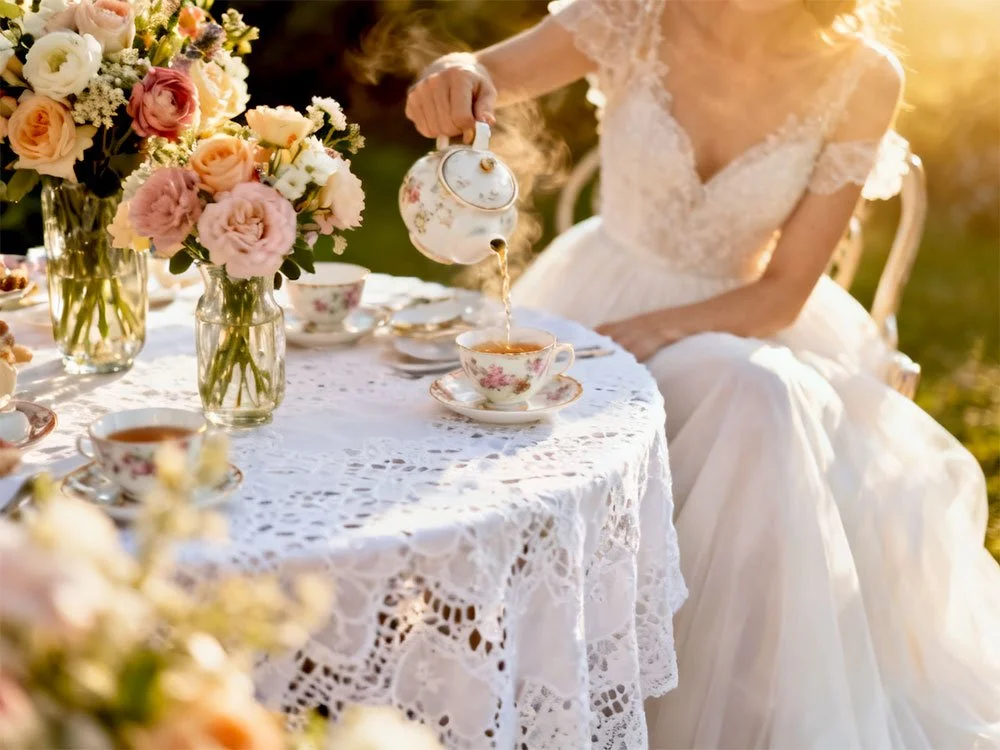 bride to be pouring tea