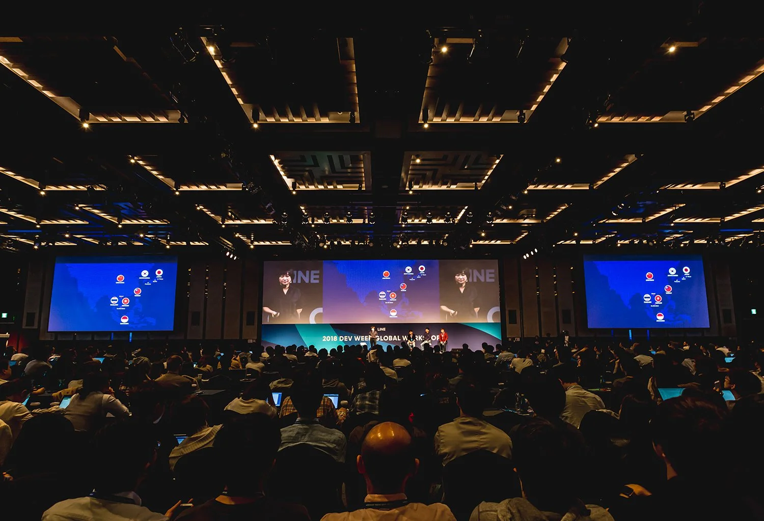 Technology and AV production setup at a large event