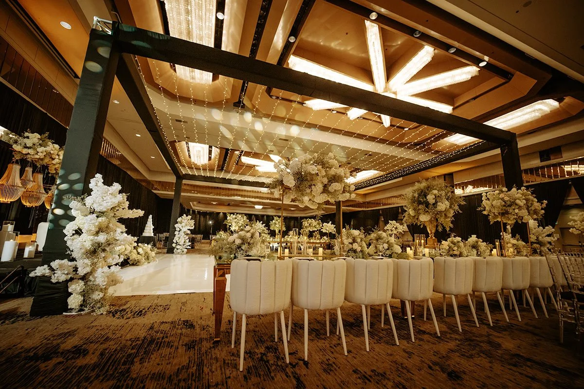 ballroom set for wedding