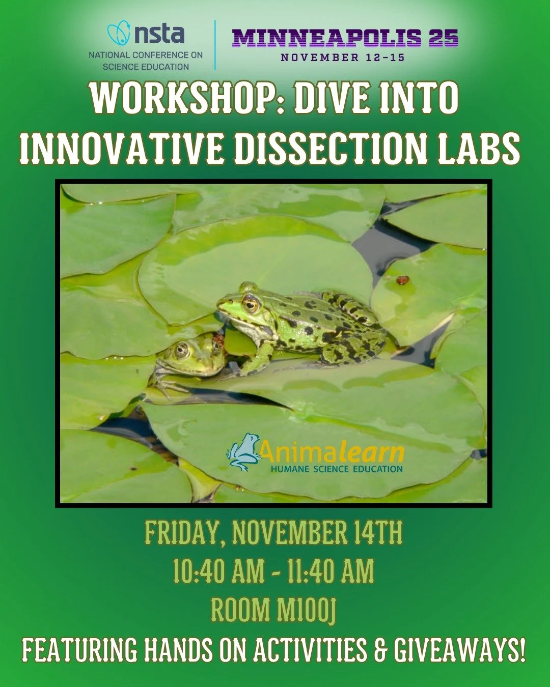 We're hosting a #workshop at #NSTAFall25 tomorrow, Friday 11/14 at 10:40 am in Room M100J! Join us to learn about #humane #science alternatives and to win some exclusive giveaways! We look forward to seeing you there! 🐸😺🐷

#humanescience #humaneed