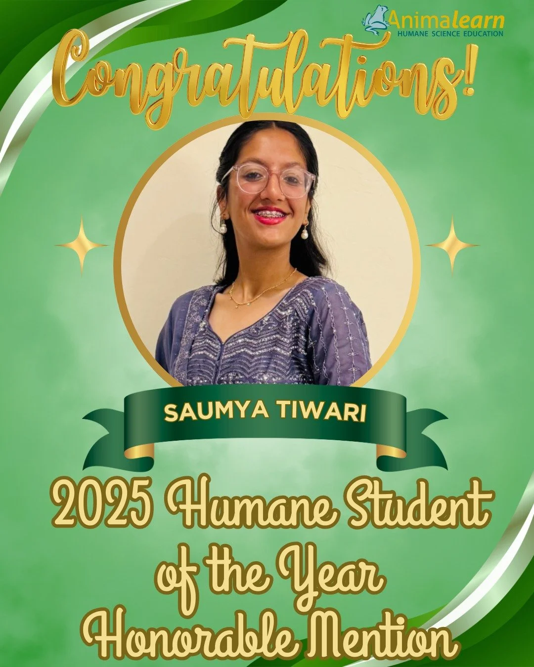 Join us in congratulating Saumya Tiwari, Honorable Mention of #Animalearn's 2025 #Humane #Student of the Year. @socialnhs  @nusdsocials 

#humanescience #humaneeducation #teachers #scienceeducation #dissectiondoesntcutit #putthelifebackinlifescience 