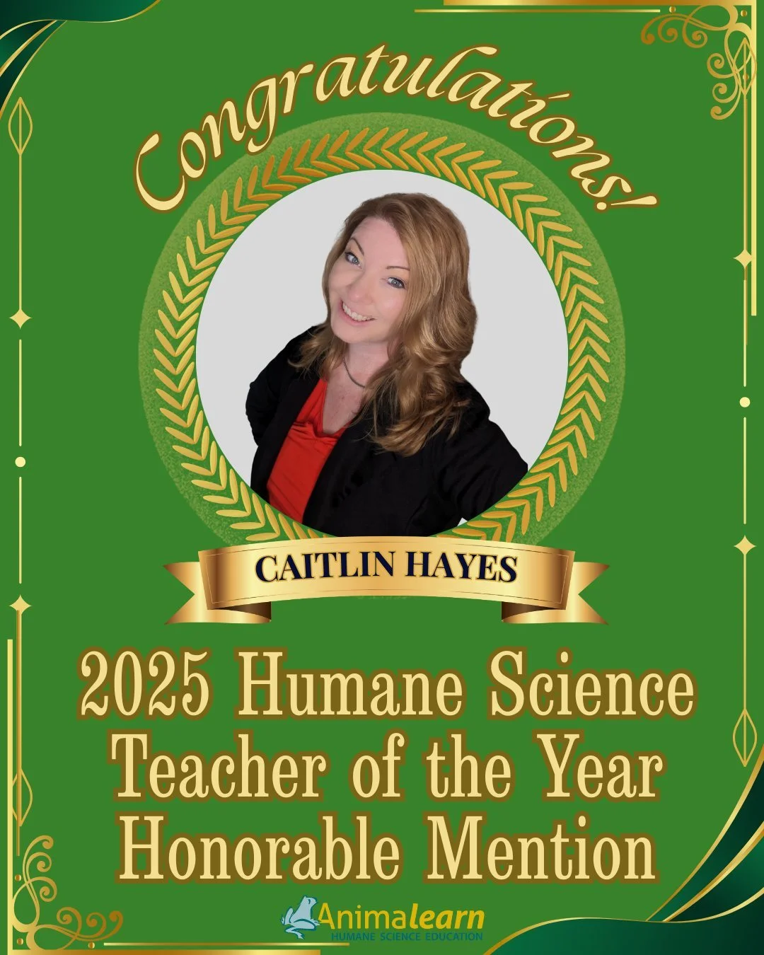 Join us in congratulating Caitlin Hayes, Honorable Mention of #Animalearn's 2025 #Humane #Science #Educator of the Year. @sjastingraysvb 

#humanescience #humaneeducation #teachers #scienceeducation #dissectiondoesntcutit #putthelifebackinlifescience