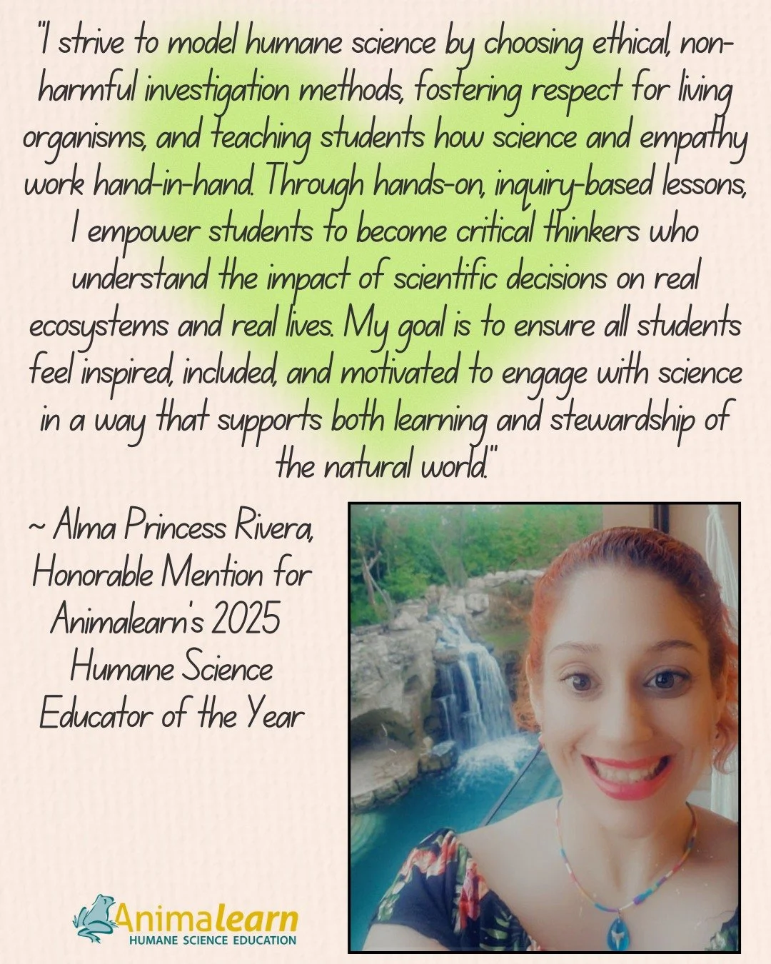 #WednesdayWisdom from Alma Princess Rivera, Honorable Mention of #Animalearn's 2025 #Humane #Science #Educator of the Year. @cvvacademy  @princess7alma 

#humanescience #humaneeducation #teachers #scienceeducation #dissectiondoesntcutit #putthelifeba